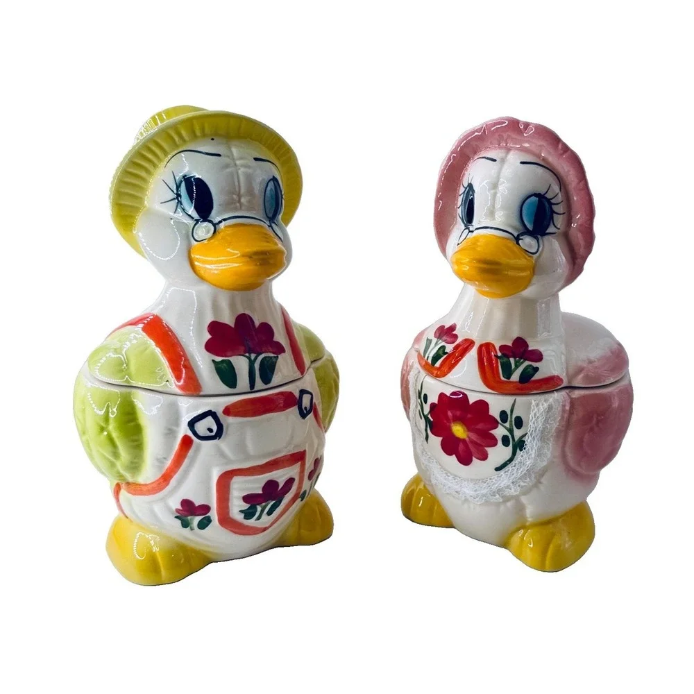 Vintage Duck Canister Cookie Jar Country Cottage Ceramic Mom Dad Ducks Lace Set
